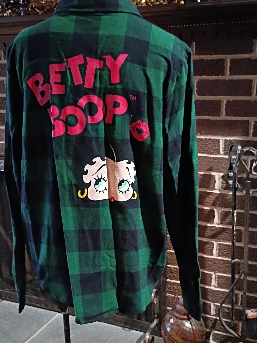 Betty Boop Green & Black Plaid Shirt with Pink Logo